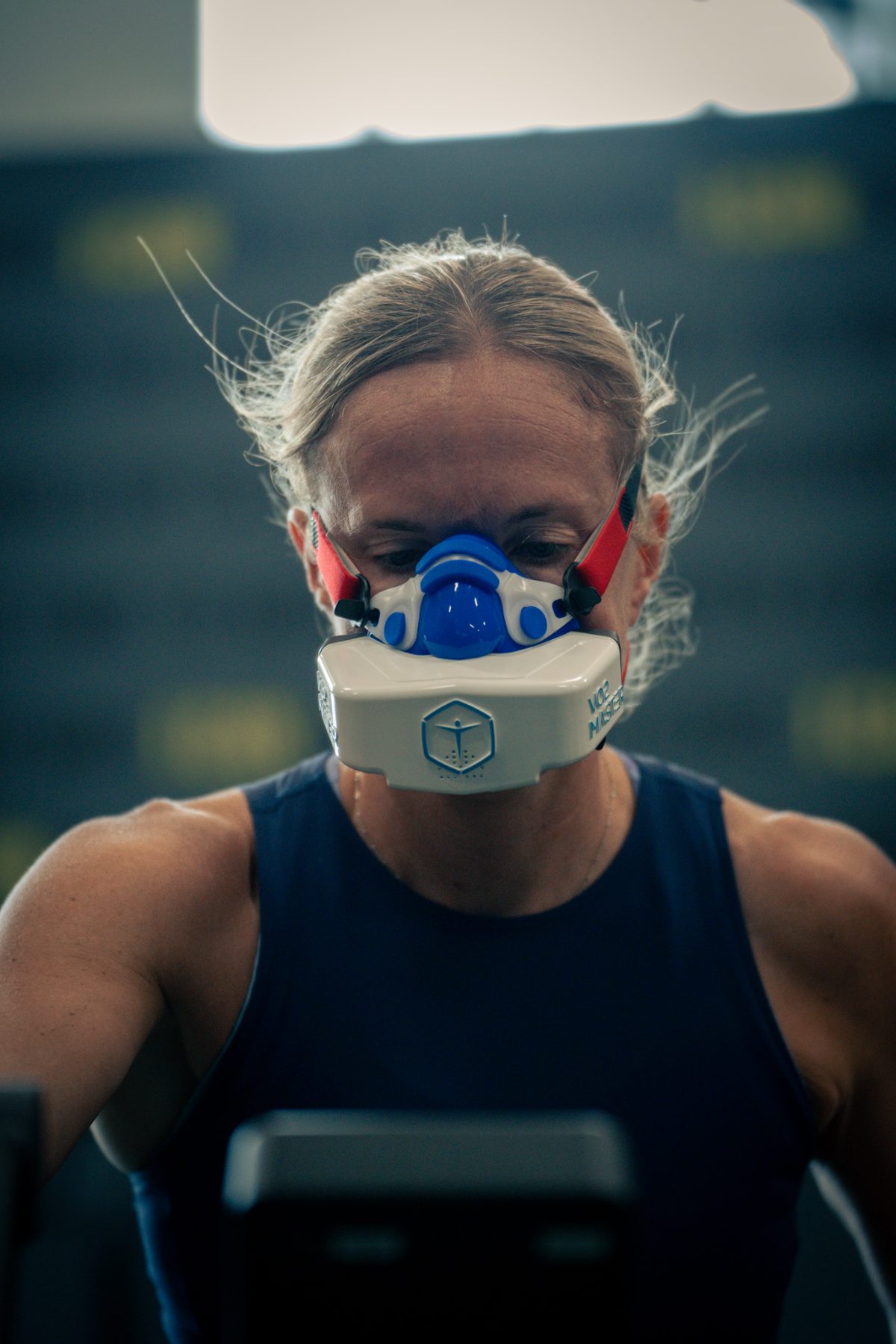 Client mid-test wearing the VO₂ Master metabolic analyzer